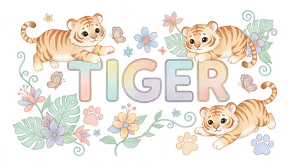 Obraz premium Cute Tigers Illustration with Flowers and Butterflies, Whimsical Design for Kids