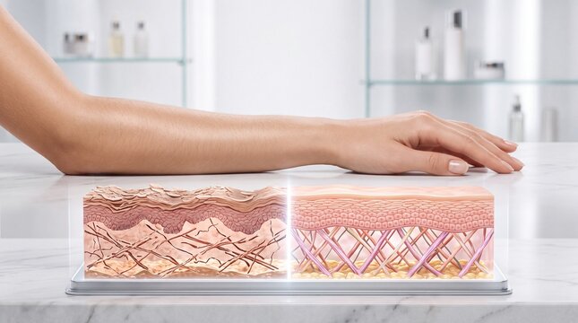 Female forearm skin regeneration healthy epidermis dermis collagen smooth texture hydration rejuvenation medical illustration beauty anatomy wellness science