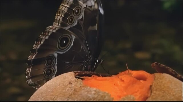 Close-up of a Morpho butterfly feeding on fruit in a dark, natural setting
