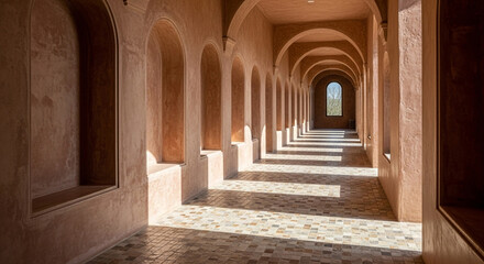 Obraz premium Sunlit ancient corridor with arches