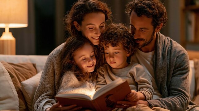 Aunt and Uncle&rsquo;s Day: an aunt reading a bedtime story to her niece and nephew while uncle listens beside them on a cozy couch, warm lamp light, tender intimate family moment