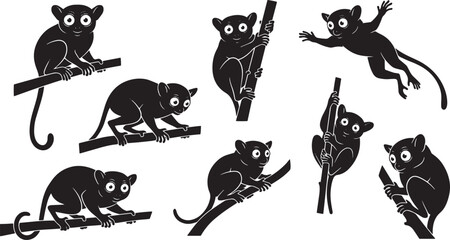 Naklejka premium Monkey silhouettes, black monkey icons, vector monkeys, climbing animals, wildlife illustrations isolated on Transparent Background