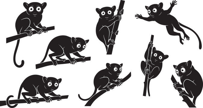 Monkey silhouettes, black monkey icons, vector monkeys, climbing animals, wildlife illustrations isolated on Transparent Background