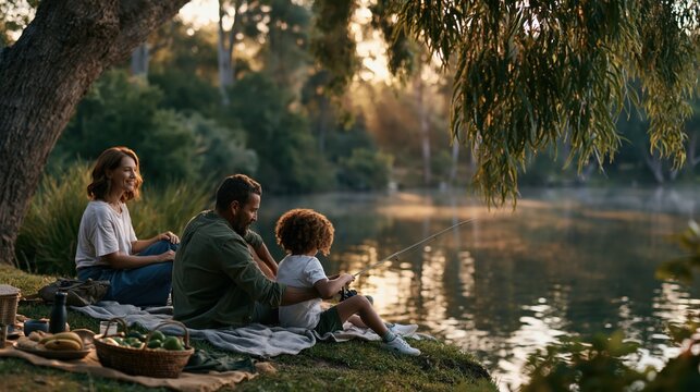 Aunt and Uncle&rsquo;s Day: an uncle teaching his nephew how to fish by a calm lake at sunrise, aunt watching happily from a picnic blanket nearby, soft morning mist, candid emotional moment