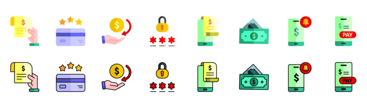 Cashless payment icon collection featuring invoice receipt mobile wallet cashback reward finance vector illustration