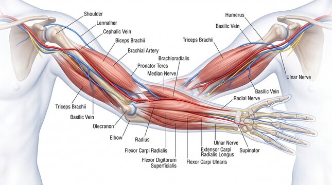 Human arm anatomical structures including muscles nerves arteries and veins labeled in detailed medical illustration showing biceps triceps brachialis and forearm anatomy for educational use