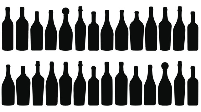 A seamless pattern of black silhouettes of bottles arranged in rows on a white background