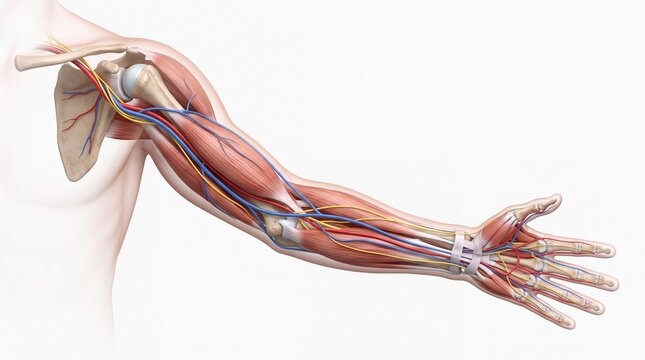 Human arm anatomical structures muscle bone nerve artery vein medical illustration anatomy upper limb detailed educational biology