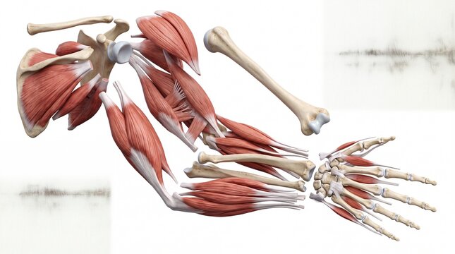 Anatomical illustration of human arm showing muscle bone tendon and joint structure including shoulder forearm and hand detailed and educational