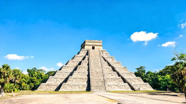 Ancient Mayan Pyramid structures against a clear blue sky with fluffy clouds and lush green trees