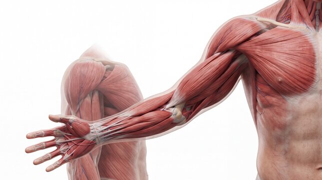 Muscular system anatomy, human arm and upper body muscle structure, detailed medical illustration showing muscle fibers, tendons, and joints for educational use