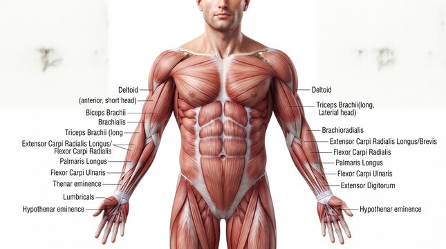Muscular system male front view labeled anatomy showing deltoid biceps brachii triceps brachii forearm hand muscles detailed educational medical illustration