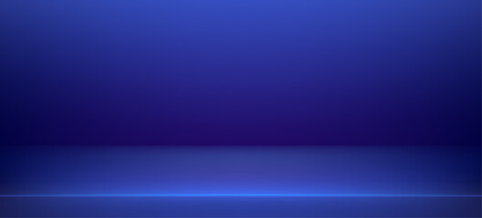 Obraz premium Dark blue gradient studio backdrop with 3D podium platform. Vector background with abstract geometric space for product display, futuristic atmosphere with soft light and clean perspective