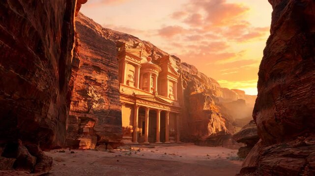 Ancient sandstone city entrance at sunrise with cinematic camera movement through rocky canyon