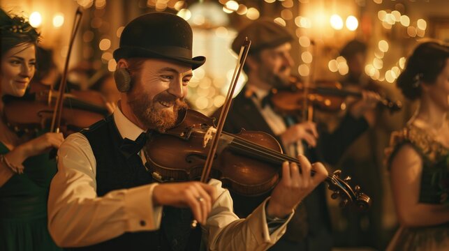 A traditional Irish wedding with a lively ceili dance, musicians playing fiddles and flutes, and guests in festive attire HD
