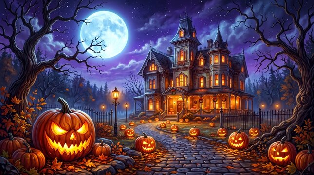 Spooky Halloween haunted house with jack-o-lanterns on a cobblestone path