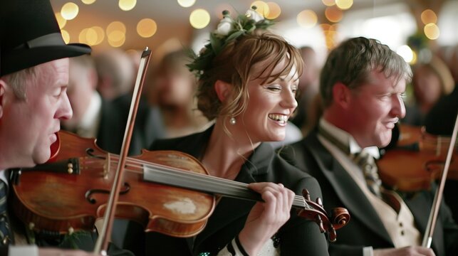 A traditional Irish wedding with a lively ceili dance, musicians playing fiddles and flutes, and guests in festive attire HD