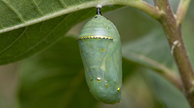 Monarch butterfly pupa hanging under leaf during metamorphosis in natural garden habitat.