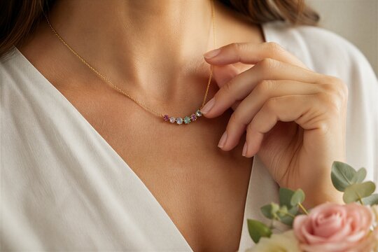 Woman wearing gold necklace with multicolor stone bar. Close up of jewelry on collarbone holding pink rose. Elegant Mothers Day gift concept