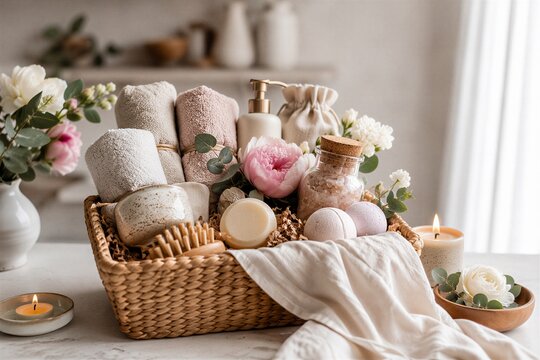 Wicker basket filled with spa gift for mother. Towel, bath salt, flower and candle for relaxation. Mothers Day present with natural cosmetic and bath bomb