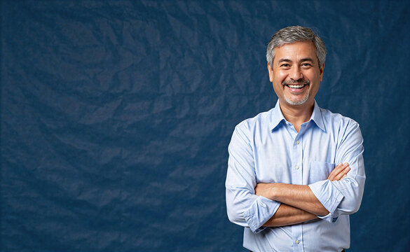 Smiling middle-aged man with grey hair and beard, arms crossed