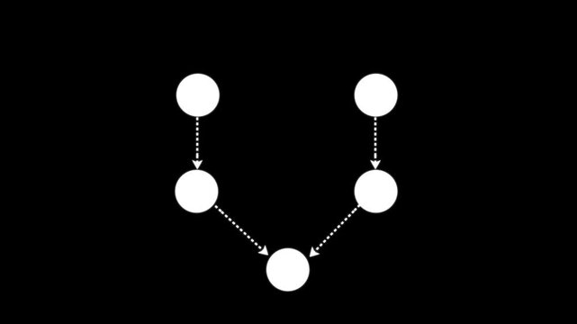 Minimalist flowchart animation with moving circles and directional arrows on black background diagram