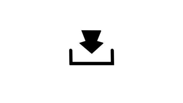Minimalist download animation, black arrow pointing into tray, digital interface symbol for web ui and app