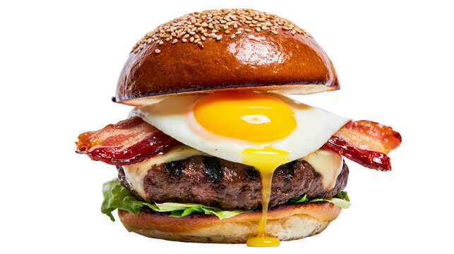 Juicy beef burger with melted cheese fried egg crispy bacon and lettuce, isolated on transparent background