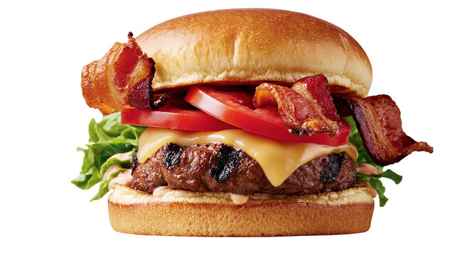 Juicy bacon cheeseburger with fresh lettuce and tomato slices, isolated on transparent background
