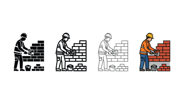 Four variations of a construction worker laying bricks with a trowel in flat vector style