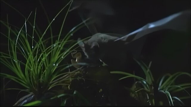 Close-up of a bat drinking water from dew drops on grass at night