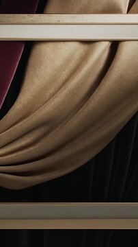 Vertical video: Sliding burgundy drapes knotting inside stage, prompted by gold rails for reveal