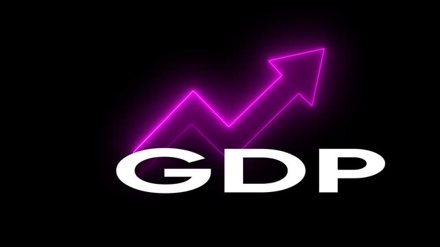 Gdp growth concept with neon purple rising arrow animation on black background, gross domestic product