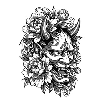 Black and white Hannya demon mask illustration with blooming peonies and sharp horns. Traditional Japanese tattoo style artwork isolated on a white background with detailed shading.