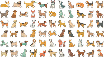 Fototapeta premium Collection Of Dog Illustrations Colorful Vector Graphics On White Background