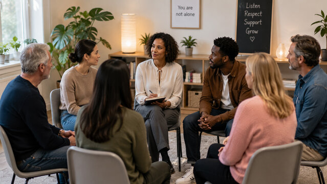 Mental health support group led by a therapist in a welcoming counseling room, fostering open discussion, emotional healing, and peer support.