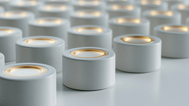 Rows of cylindrical solid-state battery cells arranged in a geometric grid on a sterile white surface, cross-section detail revealing layered lithium chemistry, glowing amber at