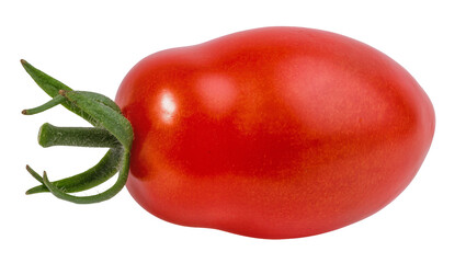 Ripe red plum tomato with green stem and leaves © Jonas