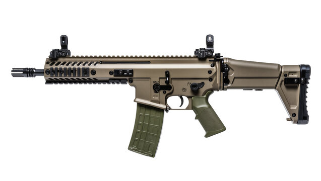 Tan assault rifle with green magazine and grip, black sights