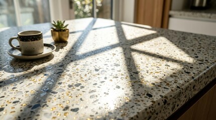 Obraz premium Terrazzo Countertop with Coffee Cup and Succulent in Morning Sunlight