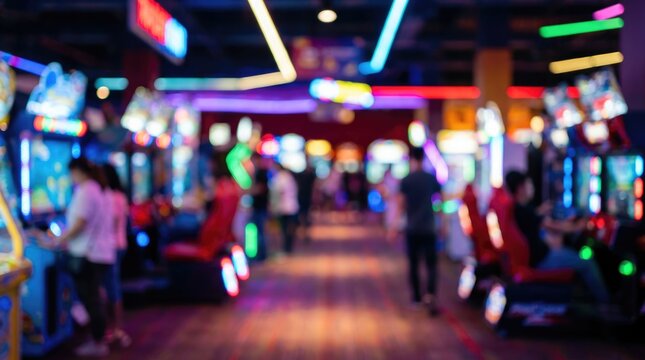 Abstract Blurred Arcade Gaming Center Interior with Colorful Neon Lights and Entertainment Background