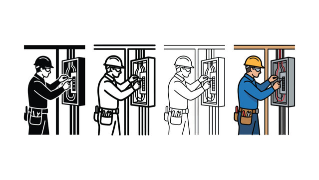 Electrical work progression illustration showing a lineman repairing a fuse box with increasing detail and color
