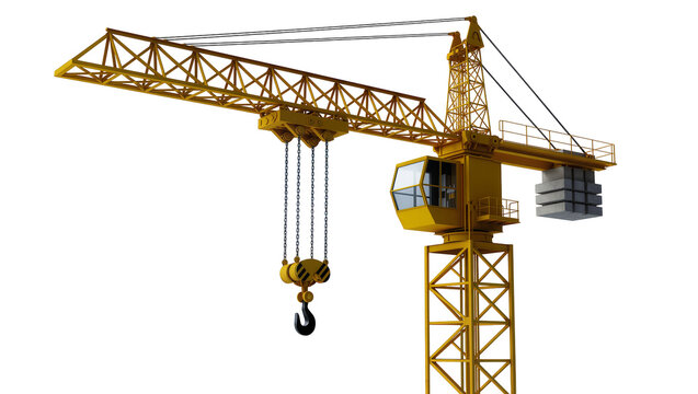 Yellow construction tower crane with hook and counterweights