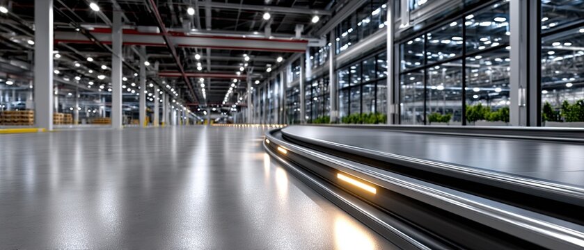 Futuristic gigafactory features glowing energy storage systems and robotic logistics in a vast industrial space