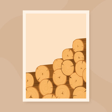 Flat wood log stack banner template on soft yellow and brown background. Round timber pile forms warm lumber concept for forest material or carpentry products. Simple texture suits cover, card and