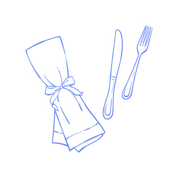 Whimsical brunch napkin with fork and knife hand drawn icon in simple line graphic style. Breakfast or lunch table element for restaurant menu illustration and cafe decor design, clean outline on