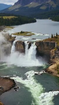 Vertical video: Pulling back drone revealing falls with center rock parting river to show valley
