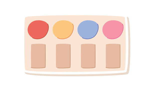 Cartoon gouache paint palette patch on white. Cute painter palette icon with bright color art dots. Childish craft object for children school and workshop, fun diy study tool and creative stationery