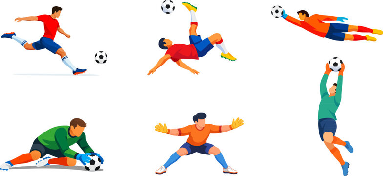 Soccer Players Poses Set. Goalkeepers and Football Action Collection. Minimalist Colorful Flat Sports Illustration