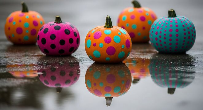 Polka dot pumpkins in water reflections on wet ground autumn fall